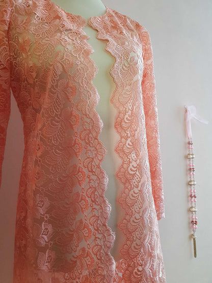 Vintage 1960s Peach Lace House Coat Dressing Gown Evening Retro - Size 12