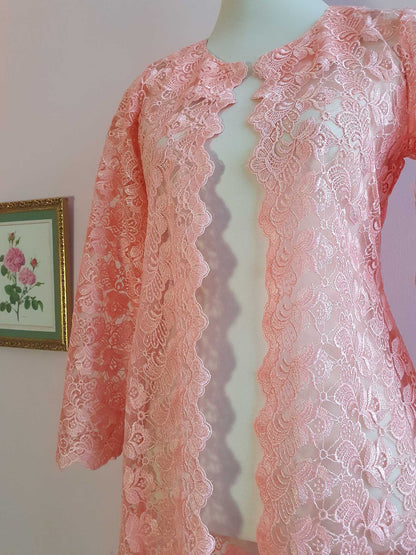 Vintage 1960s Peach Lace House Coat Dressing Gown Evening Retro - Size 12