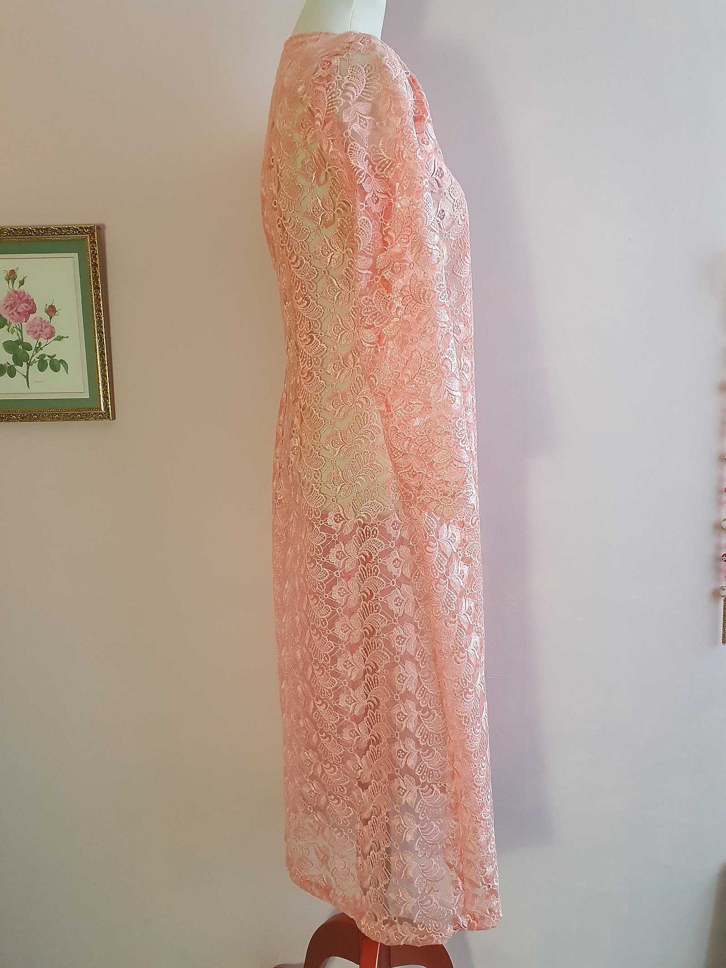 Vintage 1960s Peach Lace House Coat Dressing Gown Evening Retro - Size 12