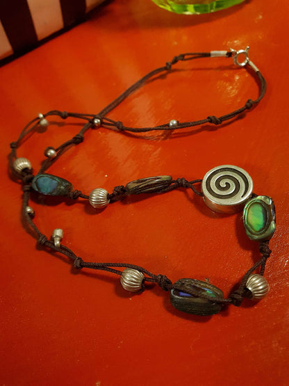 Vintage 1970s Sterling Silver Necklace 16.5" Artisan Abalone Shell Boho Bohemian Choker 925