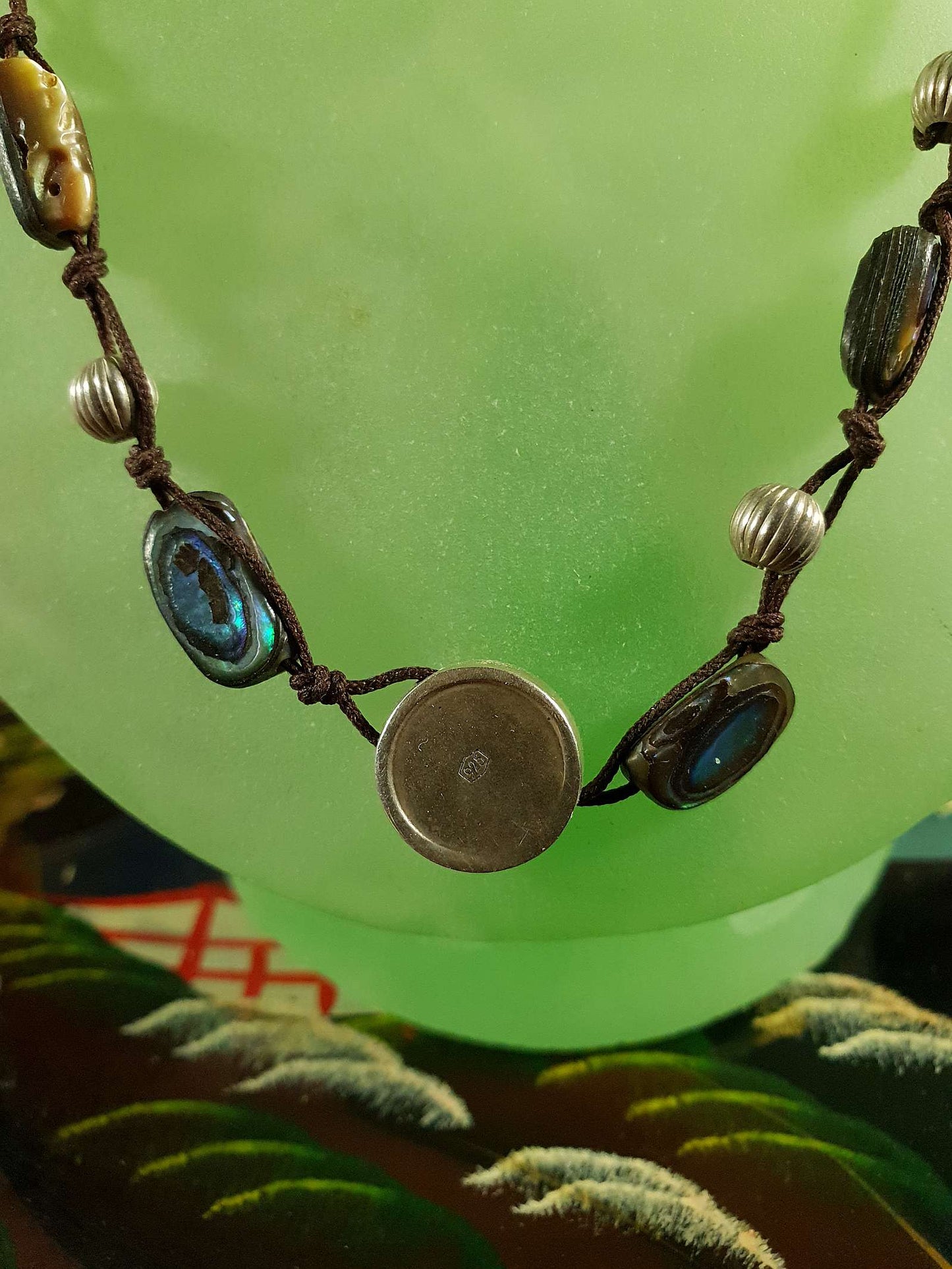 Vintage 1970s Sterling Silver Necklace 16.5" Artisan Abalone Shell Boho Bohemian Choker 925