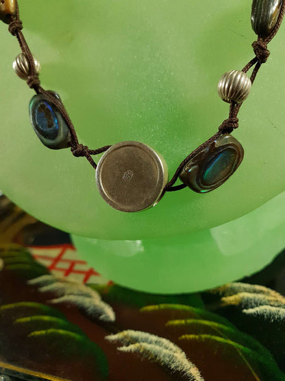 Vintage 1970s Sterling Silver Necklace 16.5" Artisan Abalone Shell Boho Bohemian Choker 925