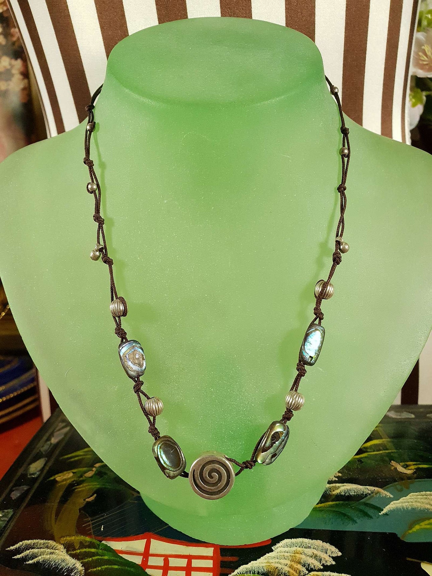 Vintage 1970s Sterling Silver Necklace 16.5" Artisan Abalone Shell Boho Bohemian Choker 925