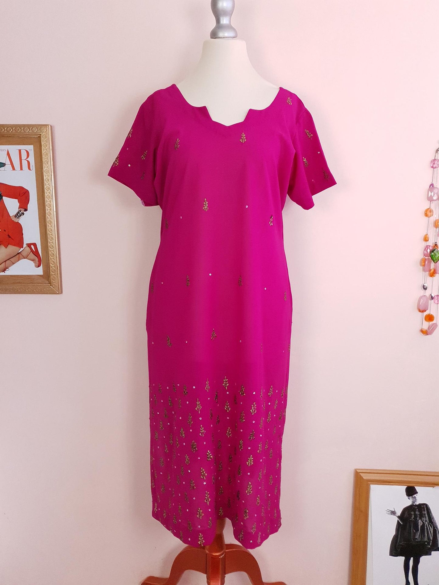 Vintage 1980s Chiffon Kaftan Ladies Boho Cerise Pink Caftan Embroidered Sequins Size 14