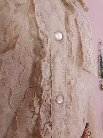 Vintage 1980s Pussybow Blouse Lace Shirt Size 12 Retro