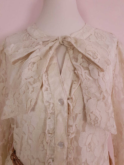 Vintage 1980s Pussybow Blouse Lace Shirt Size 12 Retro