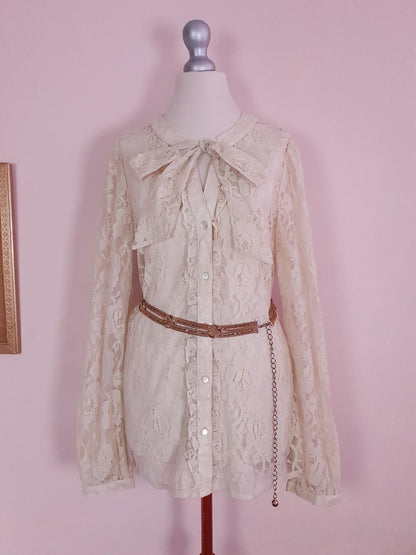 Vintage 1980s Pussybow Blouse Lace Shirt Size 12 Retro