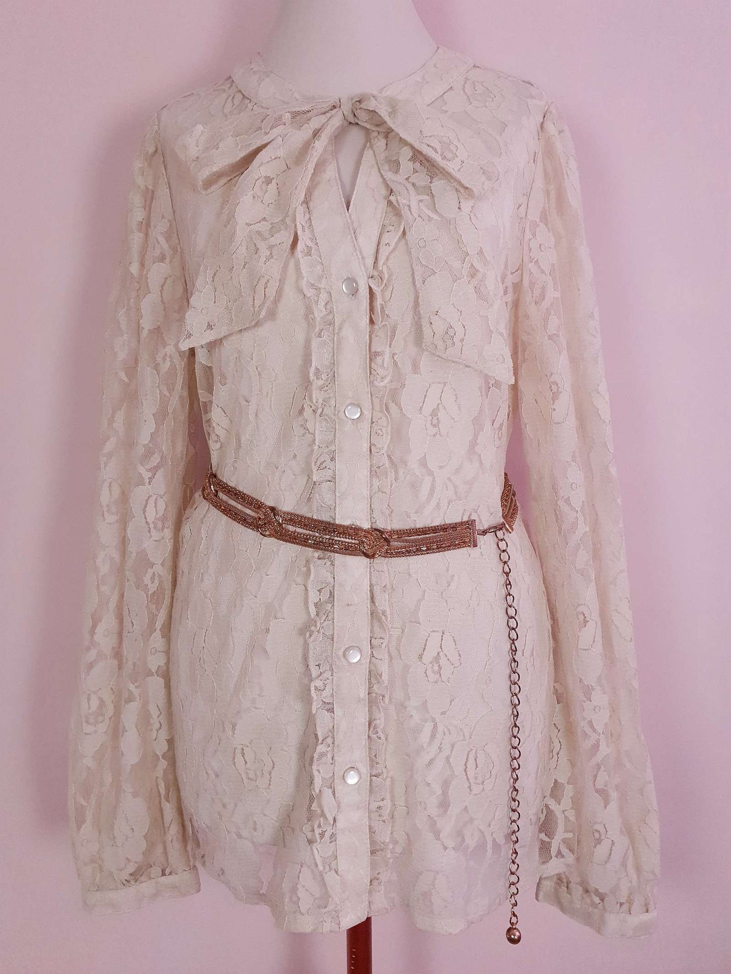 Vintage 1980s Pussy Bow Blouse Lace Shirt Size 12 Retro