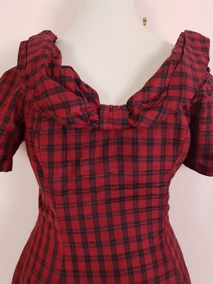 Vintage 1980s Red Plaid Silk Dress Monsoon Tartan Check Evening Retro Party Fit & Flare