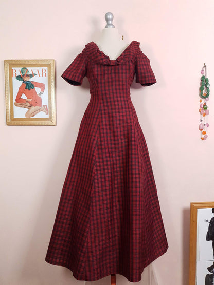 Vintage 1980s Red Plaid Silk Dress Monsoon Tartan Check Evening Retro Party Fit & Flare