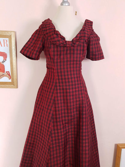 Vintage 1980s Red Plaid Silk Dress Monsoon Tartan Check Evening Retro Party Fit & Flare