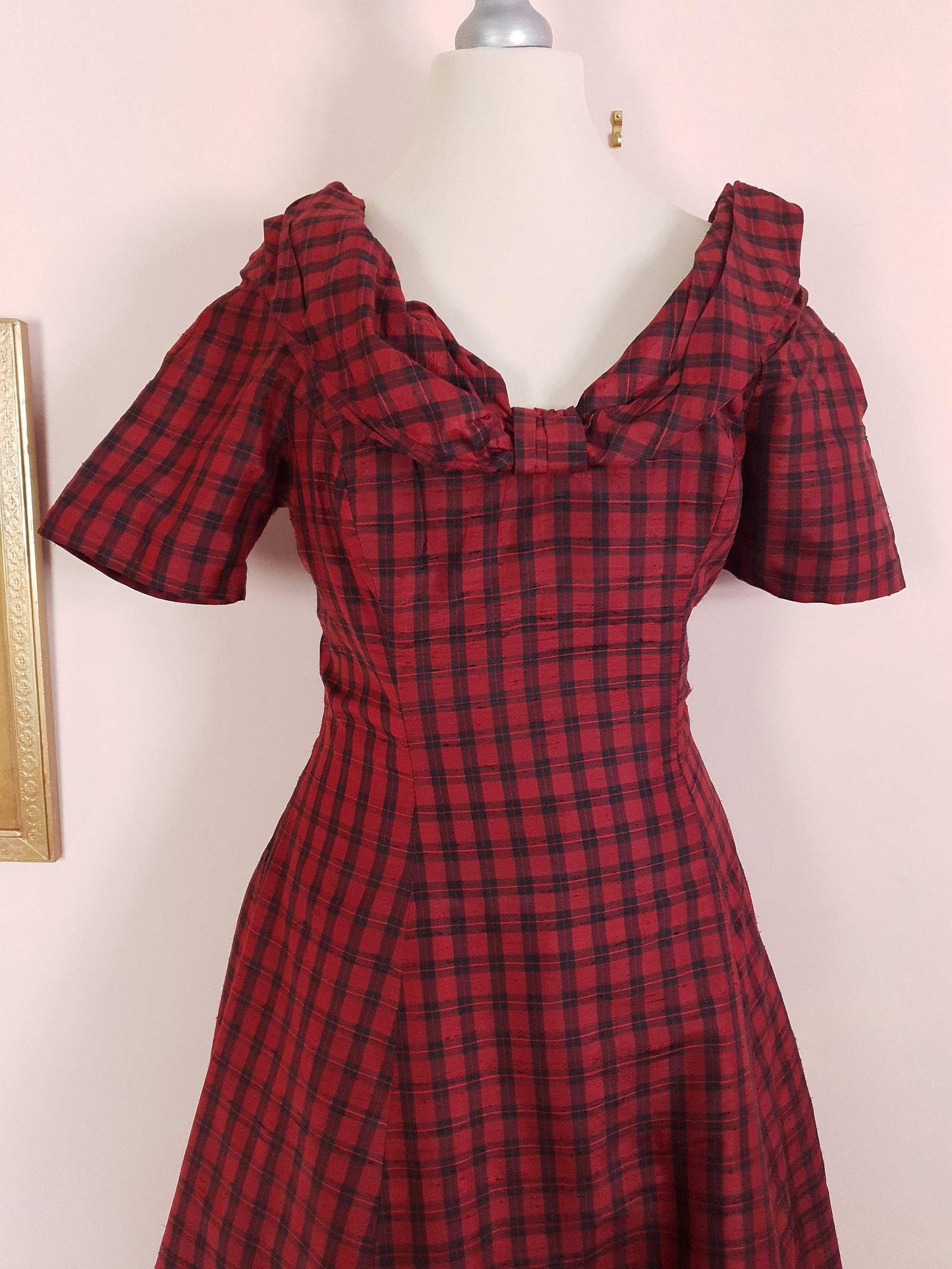 Vintage 1980s Red Plaid Silk Dress Monsoon Tartan Check Evening Retro Party Fit & Flare