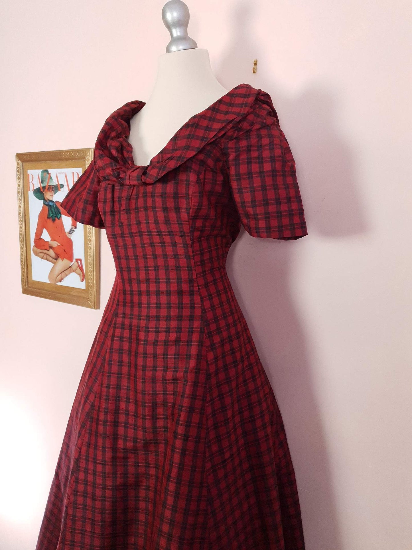 Vintage 1980s Red Plaid Silk Dress Monsoon Tartan Check Evening Retro Party Fit & Flare