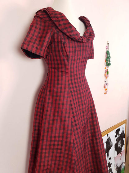 Vintage 1980s Red Plaid Silk Dress Monsoon Tartan Check Evening Retro Party Fit & Flare