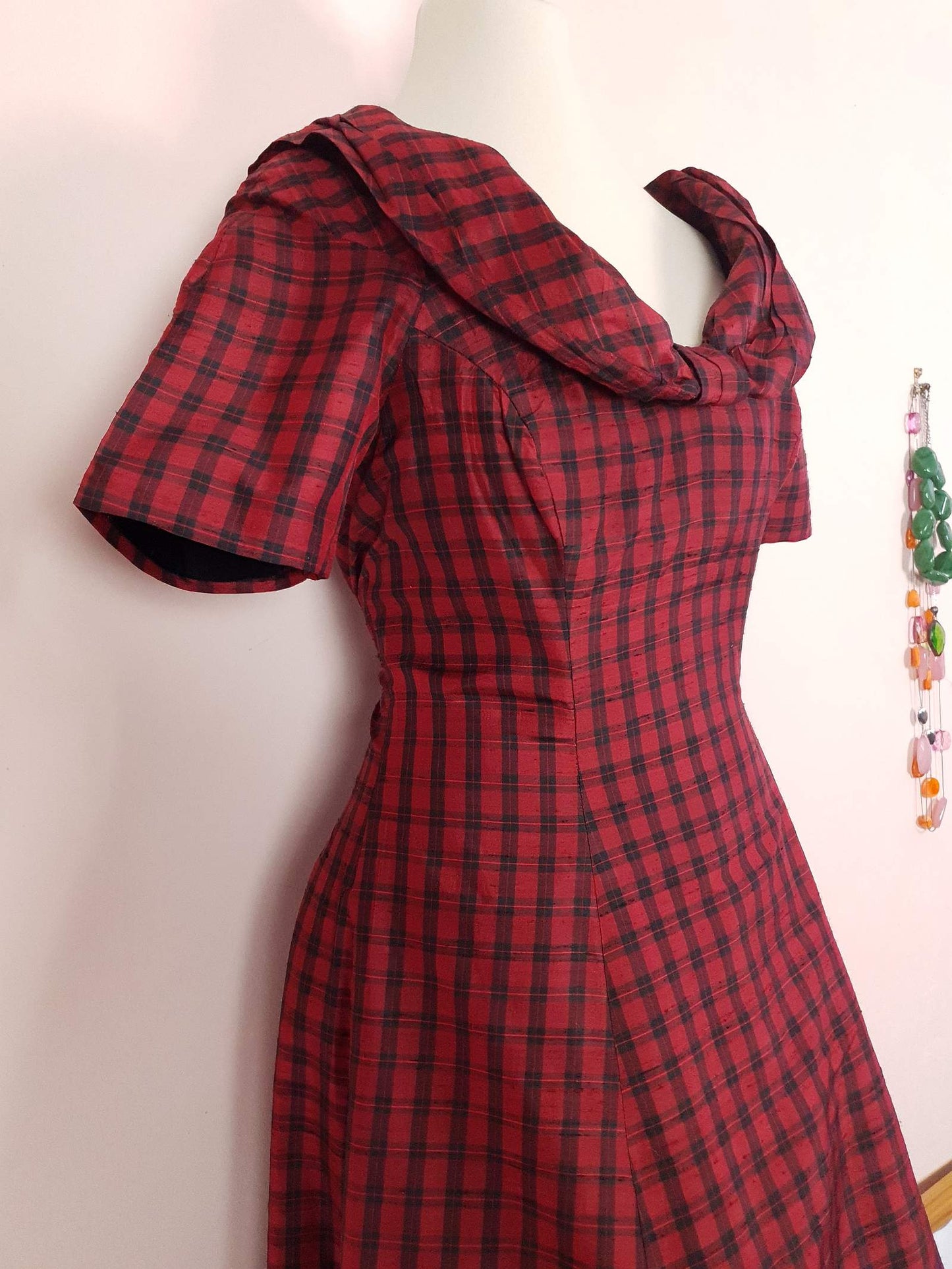 Vintage 1980s Red Plaid Silk Dress Monsoon Tartan Check Evening Retro Party Fit & Flare