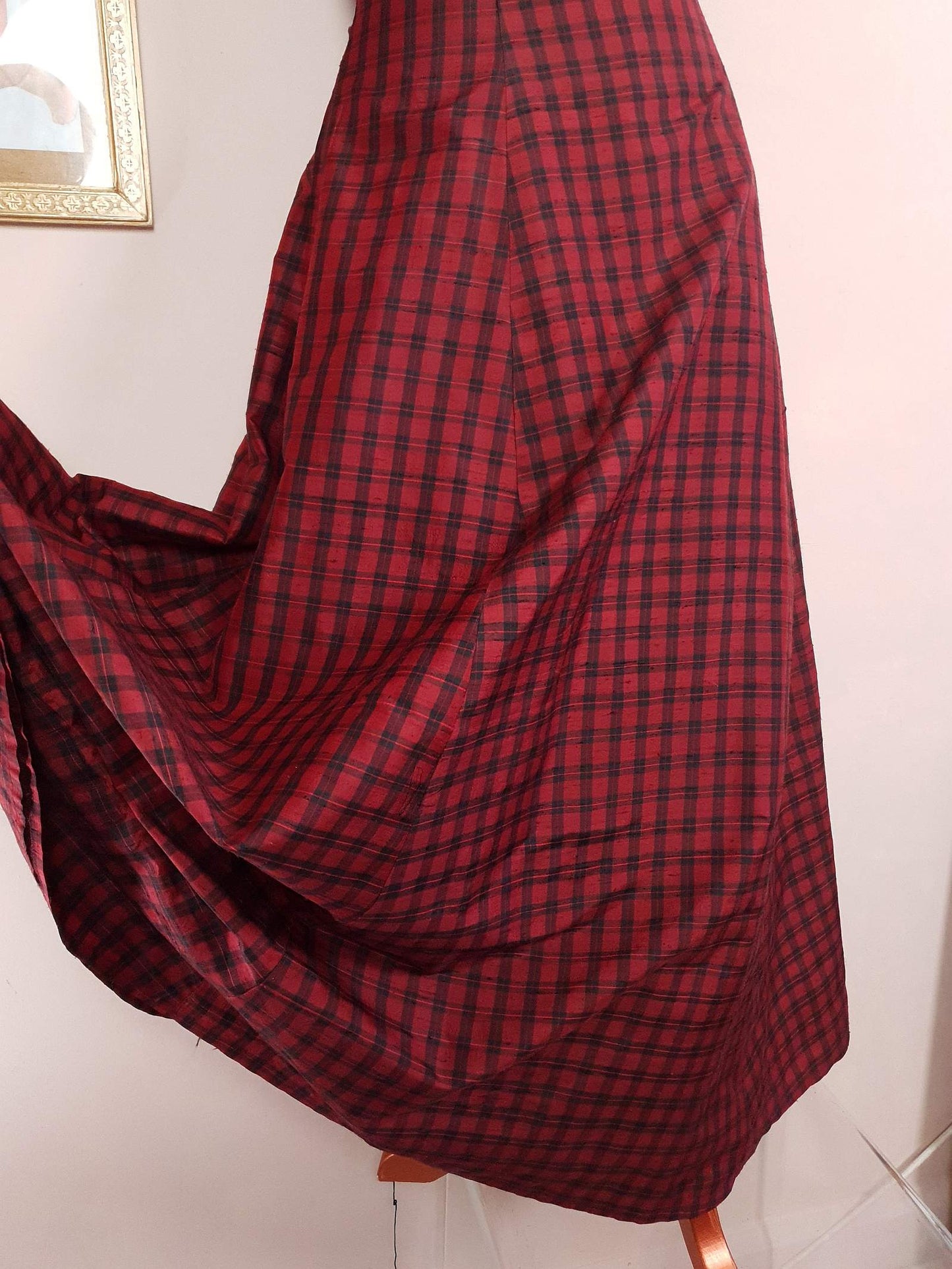 Vintage 1980s Red Plaid Silk Dress Monsoon Tartan Check Evening Retro Party Fit & Flare