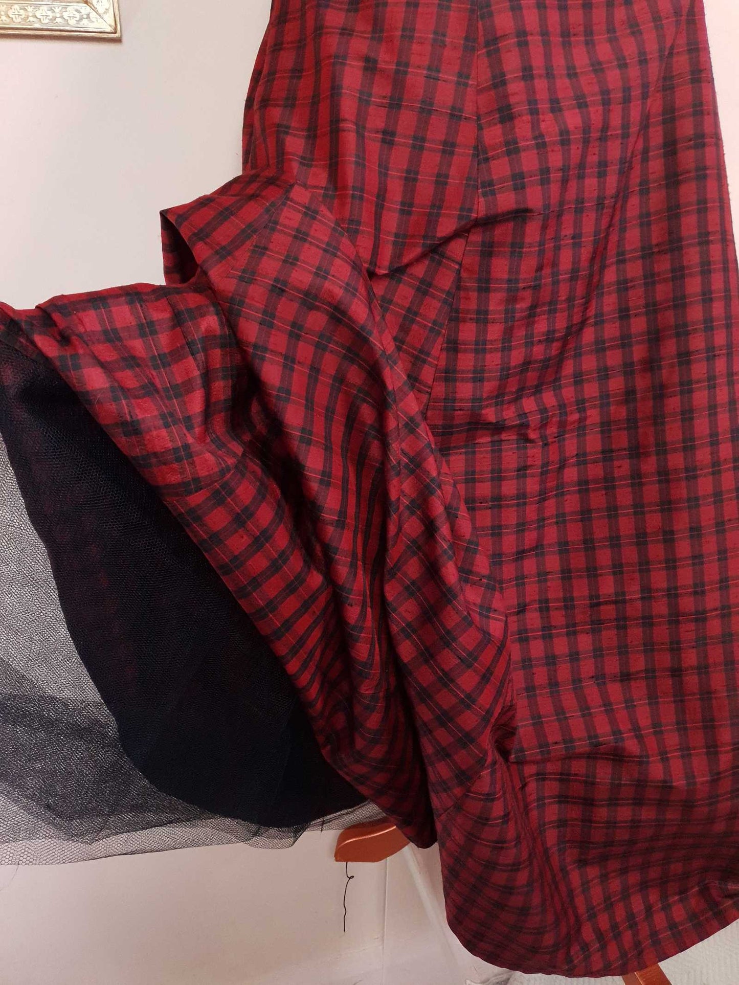 Vintage 1980s Red Plaid Silk Dress Monsoon Tartan Check Evening Retro Party Fit & Flare