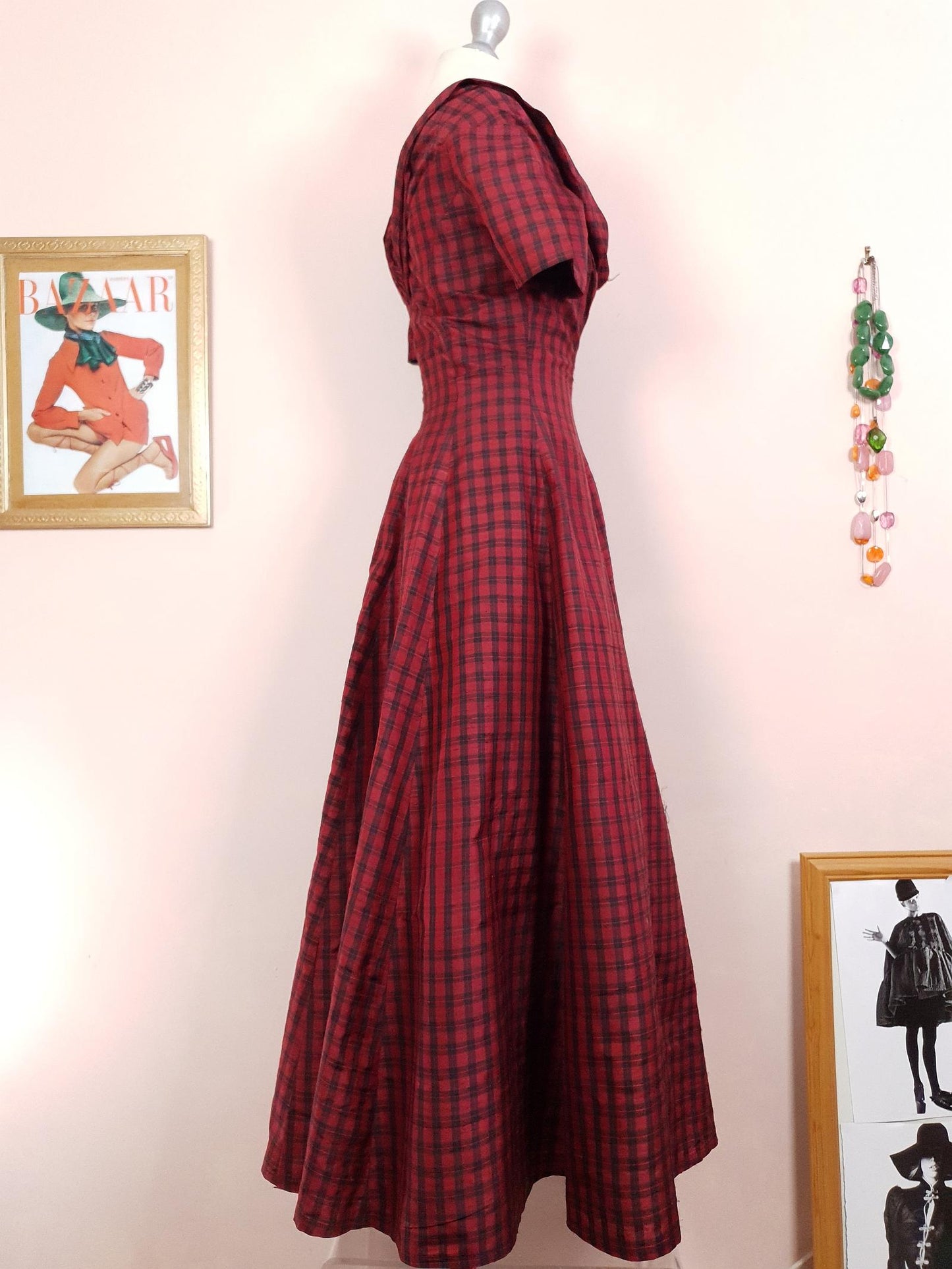 Vintage 1980s Red Plaid Silk Dress Monsoon Tartan Check Evening Retro Party Fit & Flare