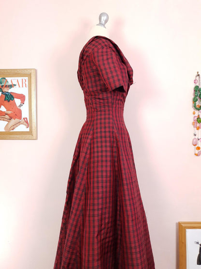 Vintage 1980s Red Plaid Silk Dress Monsoon Tartan Check Evening Retro Party Fit & Flare