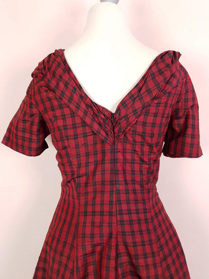 Vintage 1980s Red Plaid Silk Dress Monsoon Tartan Check Evening Retro Party Fit & Flare