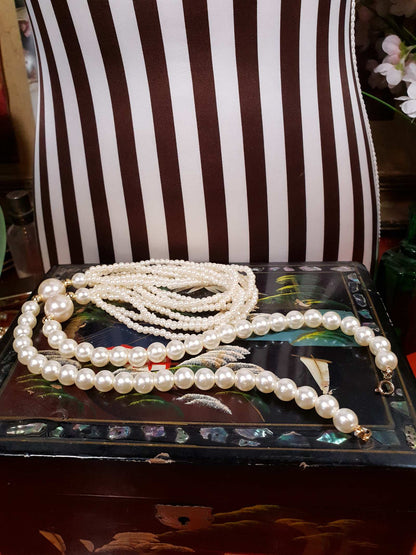 Vintage 1980s Cream Faux Pearl Necklace 28" Multi Strand Gold Tone