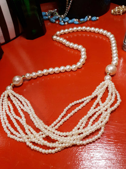 Vintage 1980s Cream Faux Pearl Necklace 28" Multi Strand Gold Tone