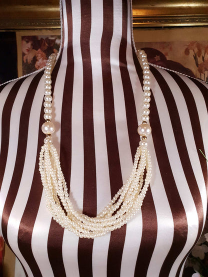 Vintage 1980s Cream Faux Pearl Necklace 28" Multi Strand Gold Tone