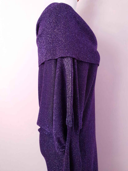 Vintage 90s Purple Dress Midi Party Glitter - Size 12 / 14