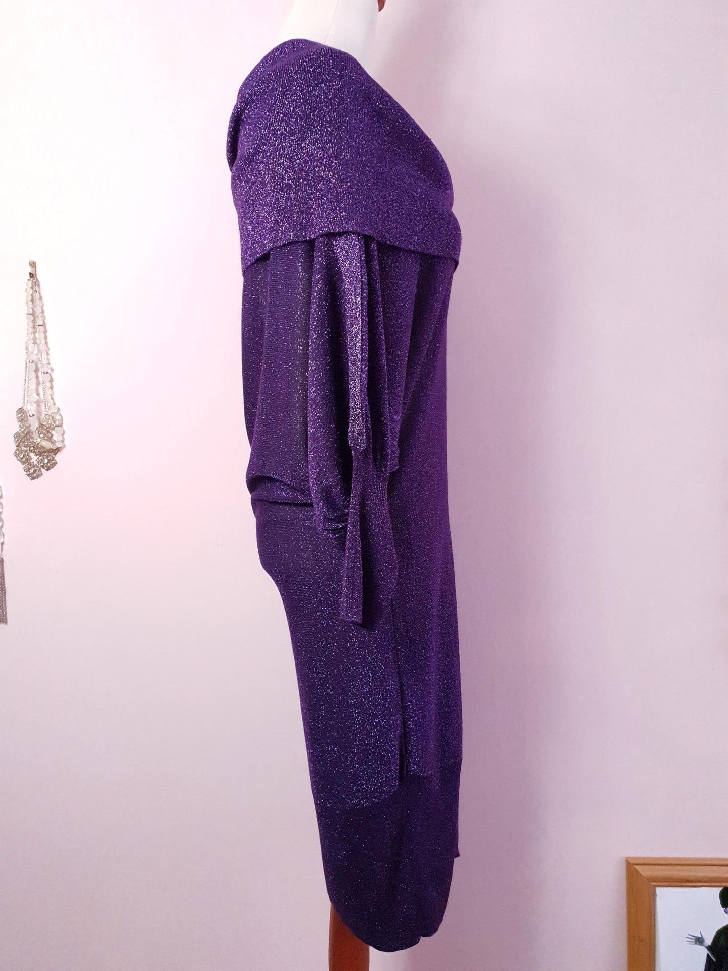 Vintage 90s Purple Dress Midi Party Glitter - Size 12 / 14