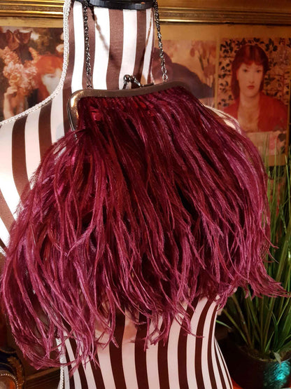 Vintage Burgundy Ostrich Feather Evening Bag Red Handbag