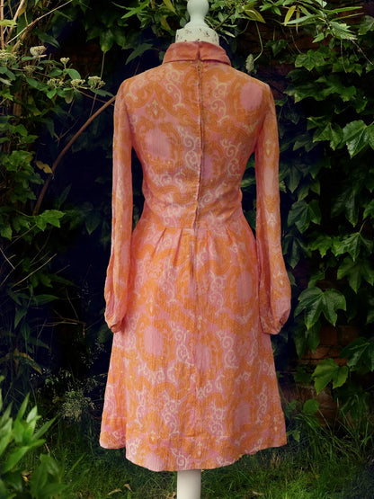 Gorgeous 1960s Pink & Tangerine Dream Floaty Chiffon Dress - Size 10