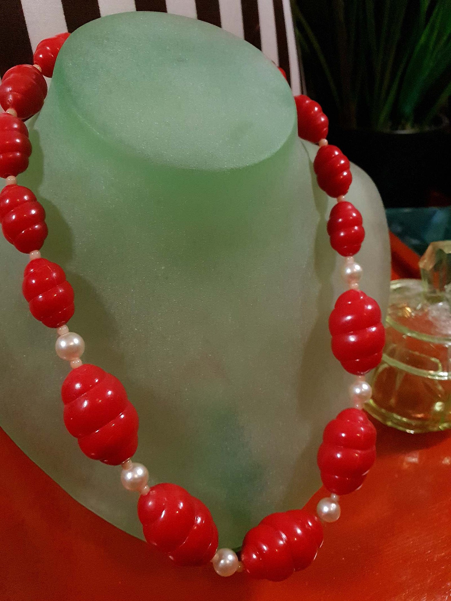 Vintage 1960s Red Bead Necklace 18.5" Mod Faux Pearl