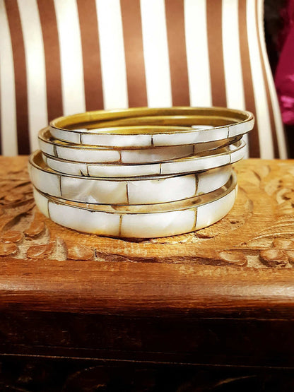 Vintage 1970s Boho Bangle Bracelet Set Mother of Pearl Brass MOP