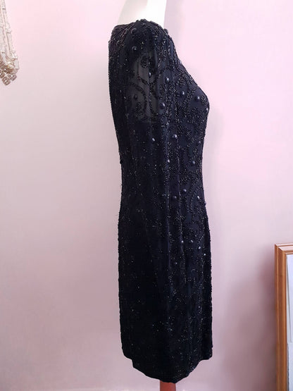 Vintage 1980s Beaded Black Dress - Size 10