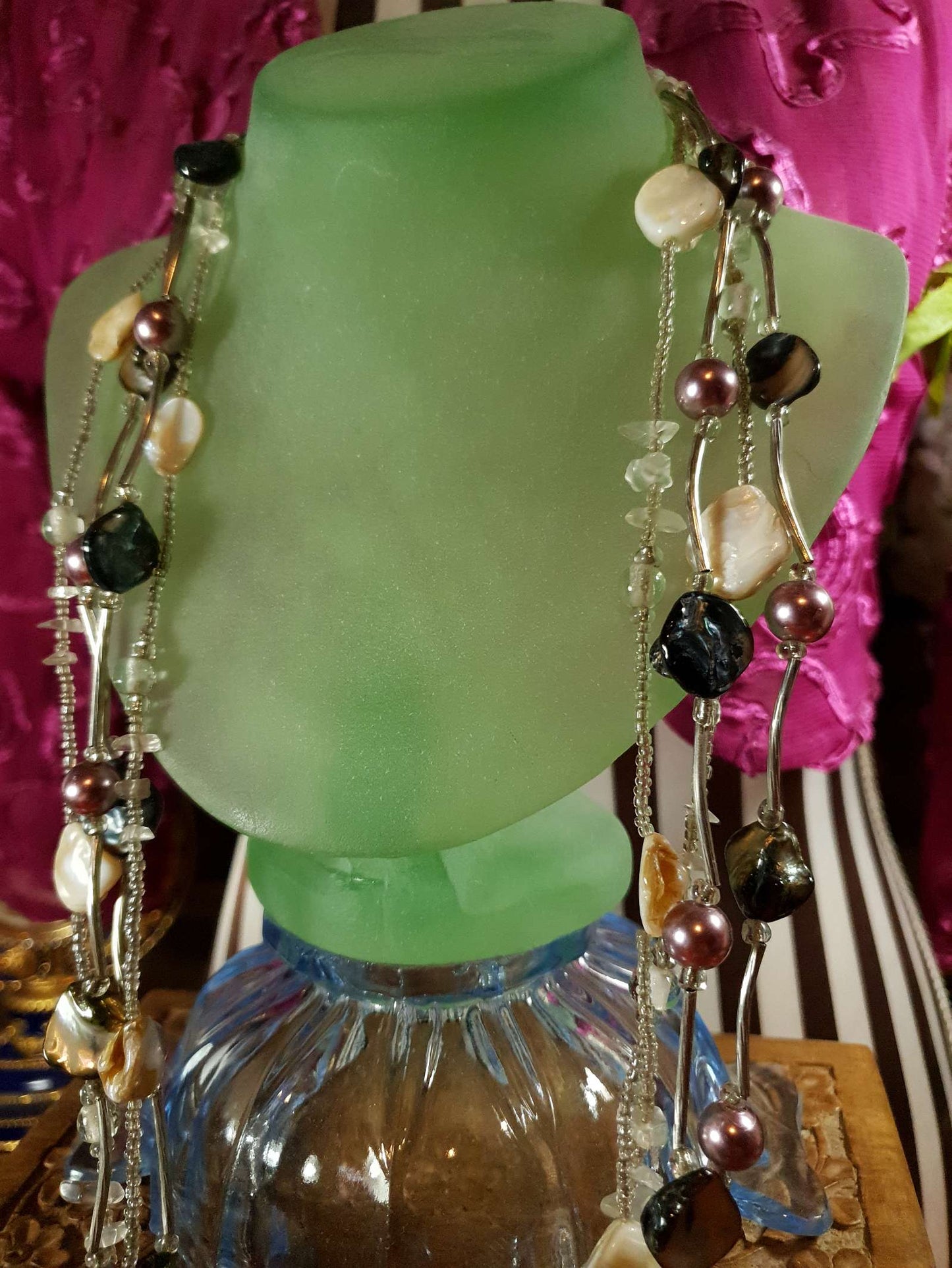 Abalone Mother of Pearl Shell Necklace Faux Multi Tier Long Boho - Pre-Owned