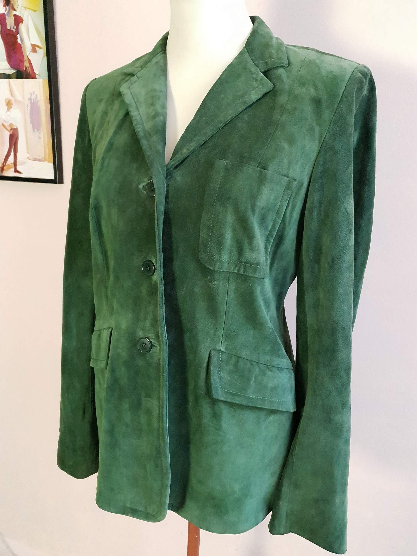 Vintage Donna Karan DKNY Dark Green Suede Leather Jacket - Size 12