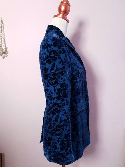 English Classics - Beautiful Laura Ashley Blue Flower & Leaf Flock Silk Jacket - Size 8