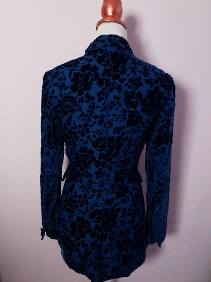 English Classics - Beautiful Laura Ashley Blue Flower & Leaf Flock Silk Jacket - Size 8