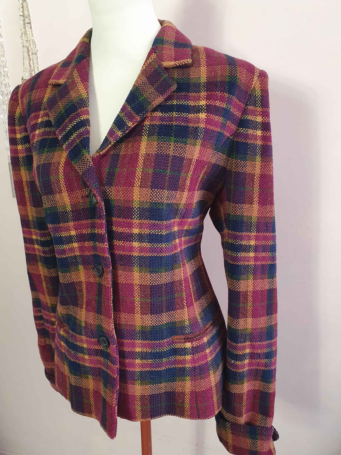 Vintage Mulberry Burgundy Plaid Tweed Jacket - Size 14