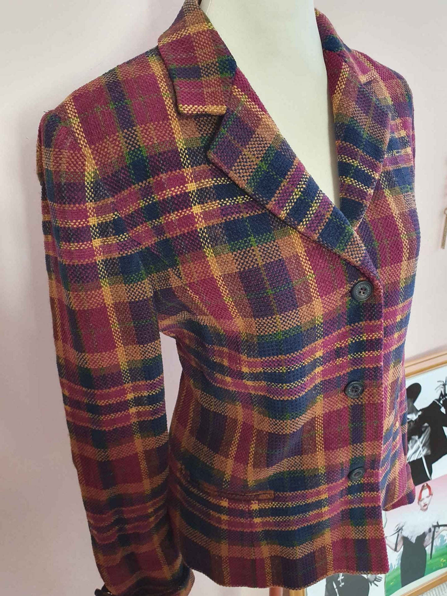 Vintage Mulberry Burgundy Plaid Tweed Jacket - Size 14