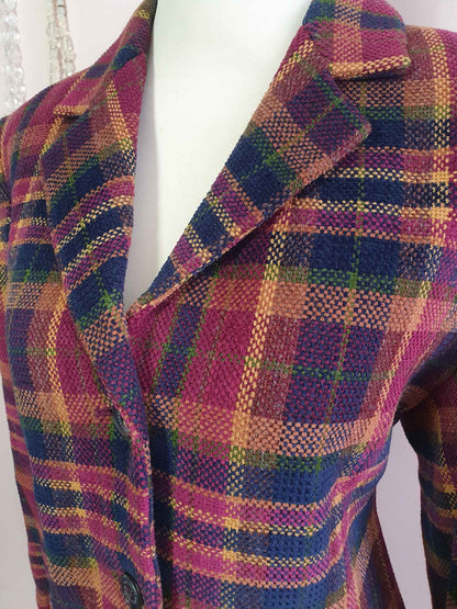 Vintage Mulberry Burgundy Plaid Tweed Jacket - Size 14