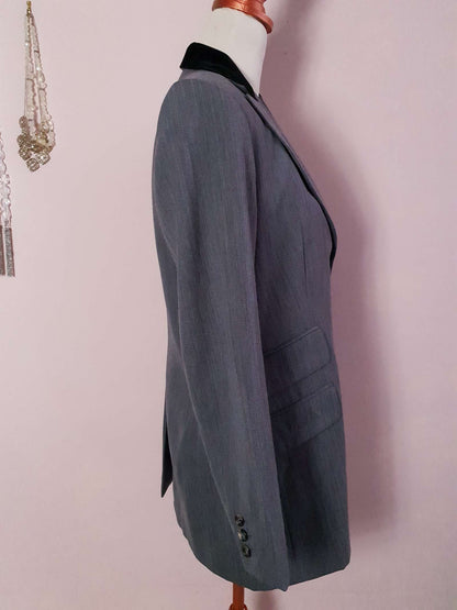 Stylish Pre-Loved 1990s Grey Wool & Velvet Nicole Farhi Jacket Blazer - Size 12/14