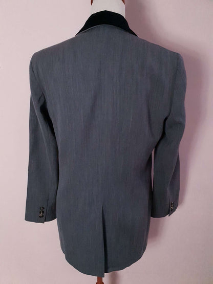 Stylish Pre-Loved 1990s Grey Wool & Velvet Nicole Farhi Jacket Blazer - Size 12/14