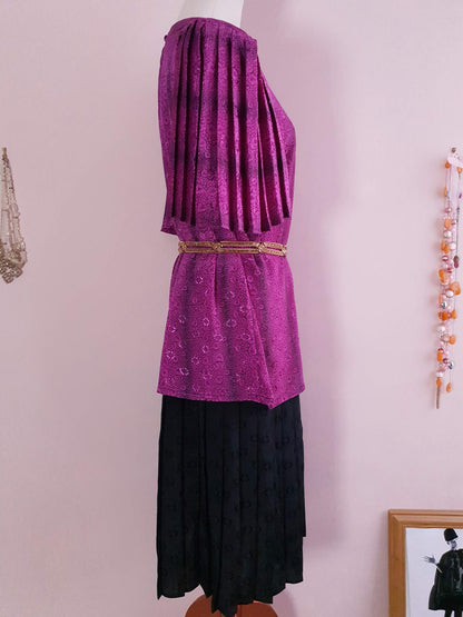 Vintage 1980s Cerise Pink and Black Pleated Dress - Size 16/18