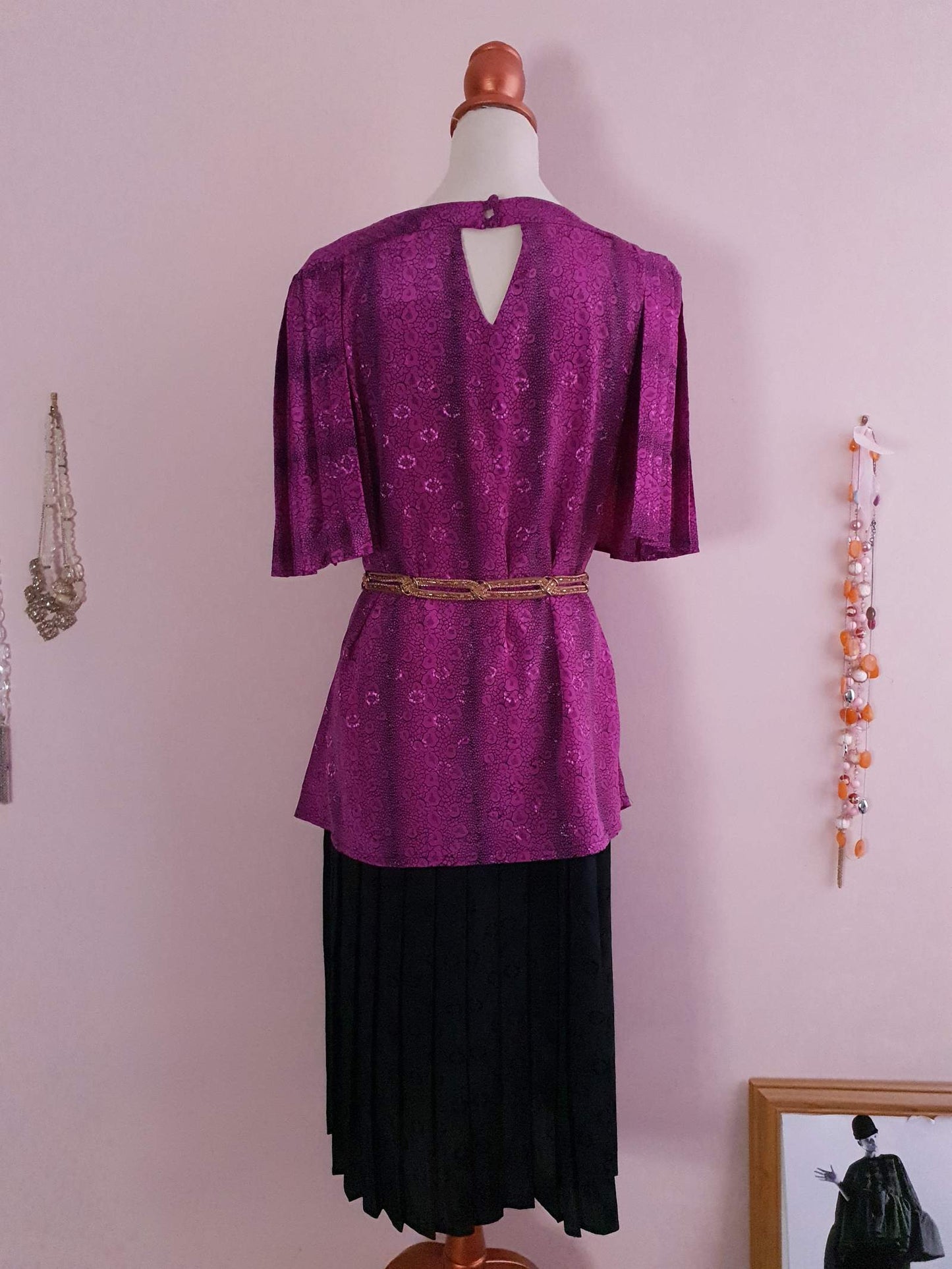 Vintage 1980s Cerise Pink and Black Pleated Dress - Size 16/18