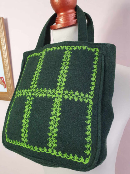 English Classics - Cute Pre-Loved Lulu Guinness Dark Green Wool Tote Bag