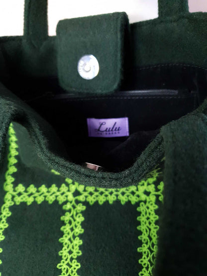 English Classics - Cute Pre-Loved Lulu Guinness Dark Green Wool Tote Bag