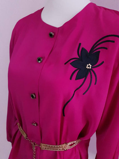 Vintage 1980s Cerise Pink Blouse Shirt Flower Applique