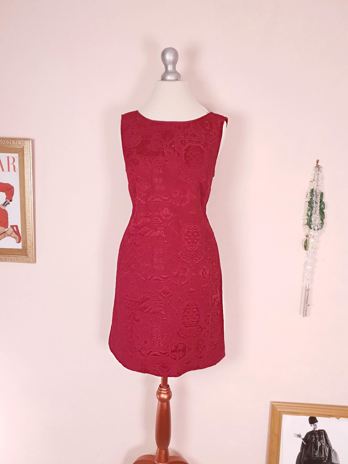 Vintage Red Brocade Shift Dress Party Cocktail