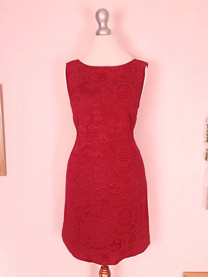 Vintage Red Brocade Shift Dress Party Cocktail